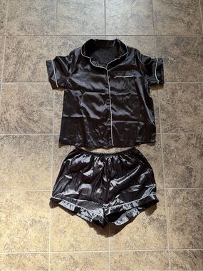 Dkny Black Satin Short-Sleeve Button Pajama Set with White Piping